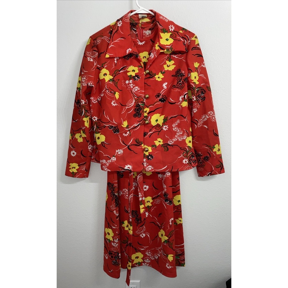 Vintage Puritan Forever Young Midi Dress & Jacket Bright Red Floral Belted 60s
